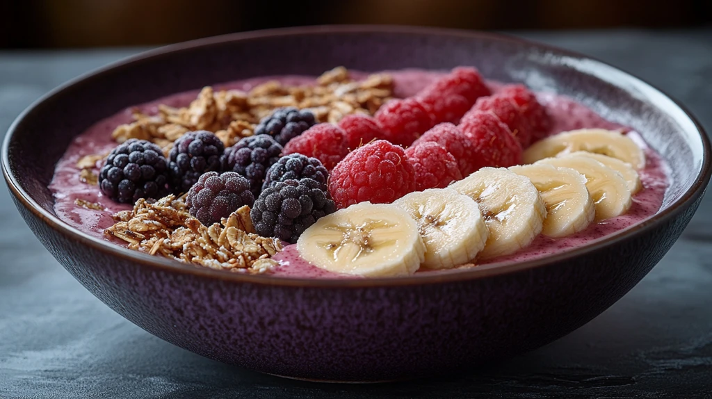 紫色陶瓷碗装香蕉麦片莓果