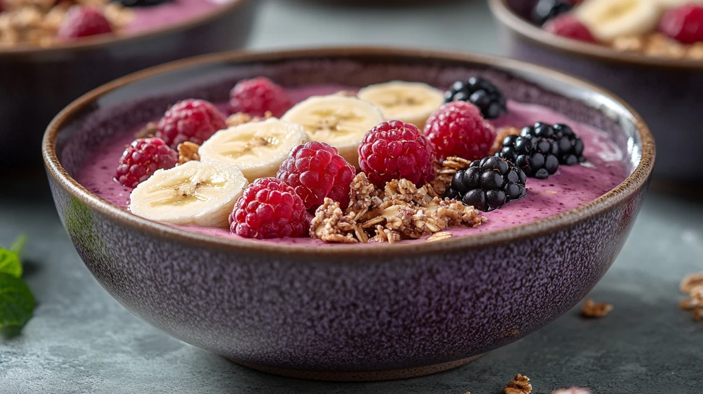 紫色陶瓷碗装香蕉麦片莓果