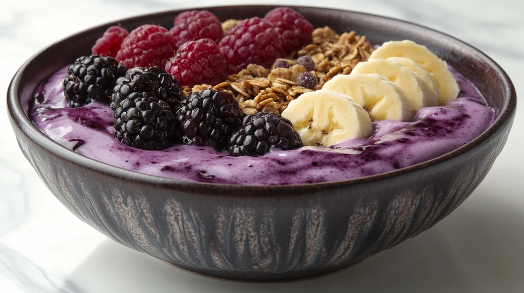 紫色陶瓷碗装香蕉麦片莓果