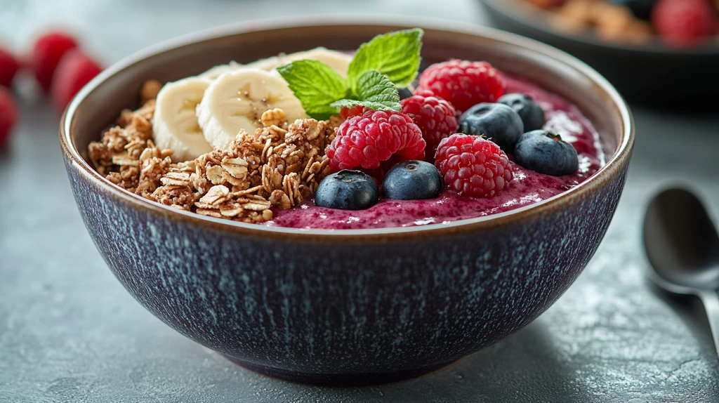 紫色陶瓷碗装香蕉麦片莓果