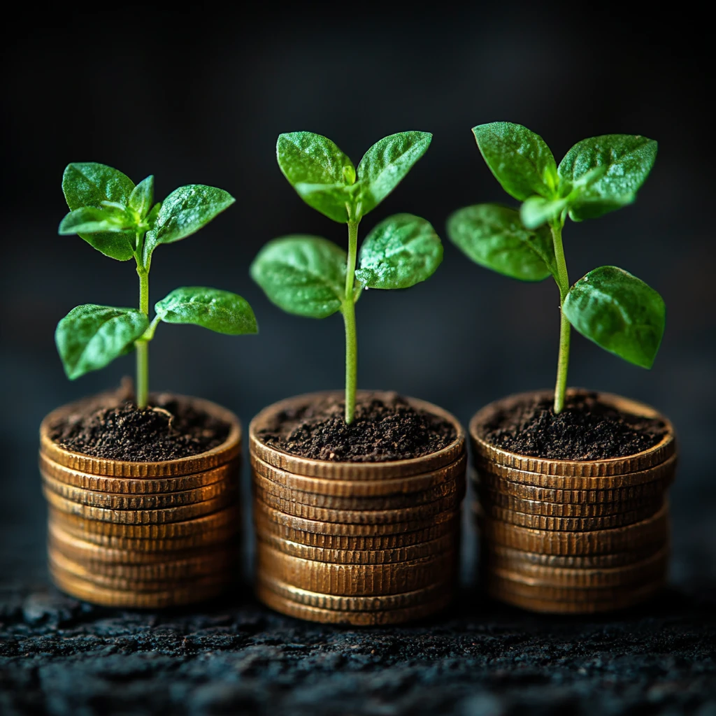 硬币堆与绿植生长