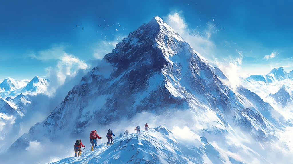 风雪中的登山队伍