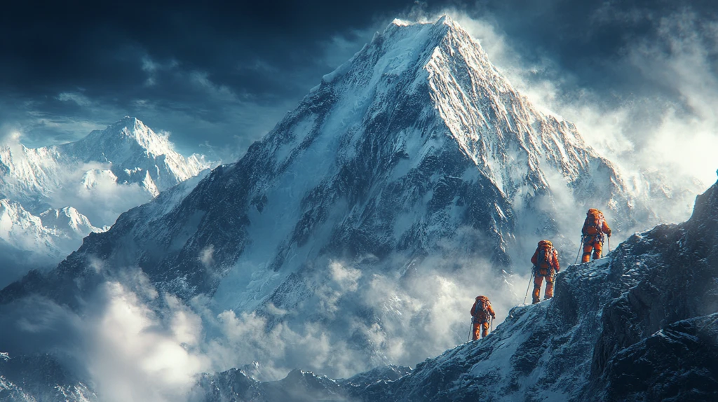 风雪中的登山队伍