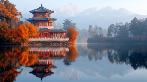 古塔映湖的秋日美景