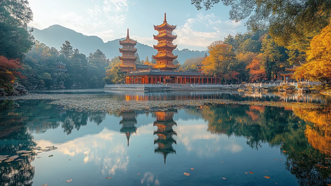 古塔映湖的秋日美景