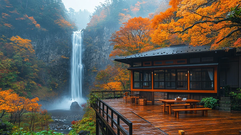 瀑布旁的日式木屋