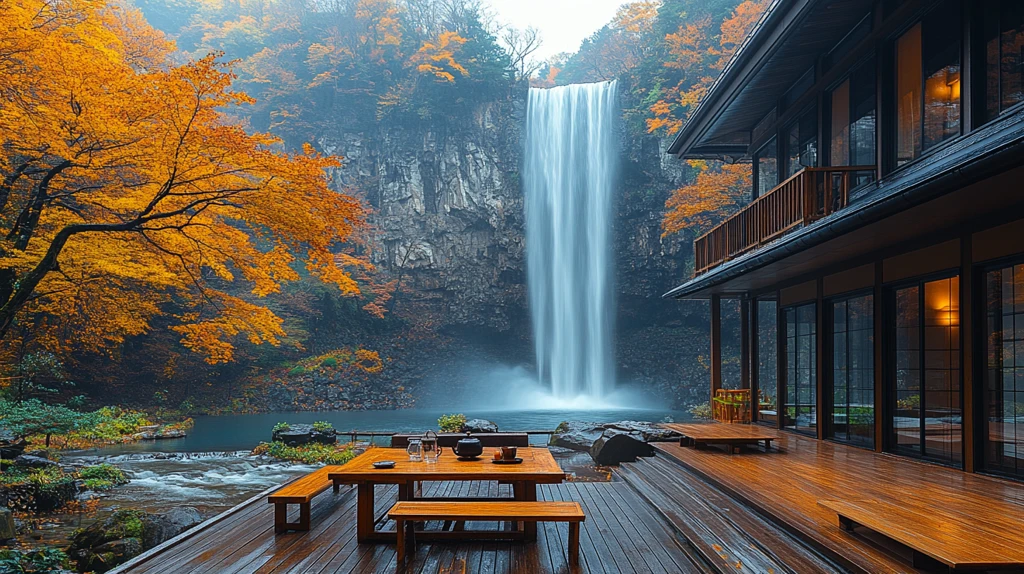 瀑布旁的日式木屋