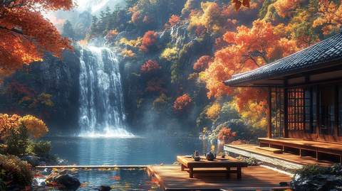 瀑布旁的日式木屋