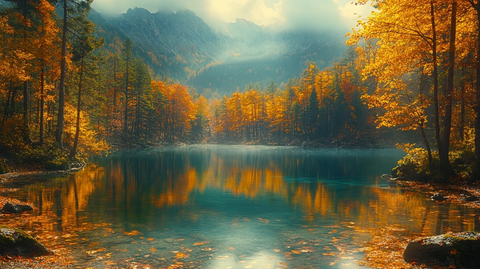 秋分湖畔彩林倒影