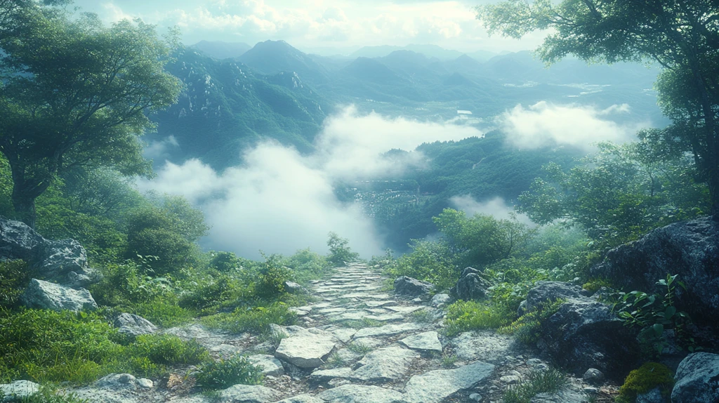 登山至顶，俯瞰森林与道路