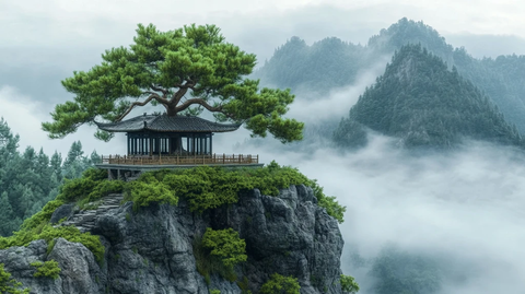 山顶平台古树寺庙