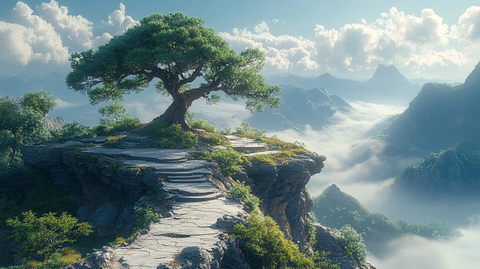 山顶平台古树寺庙