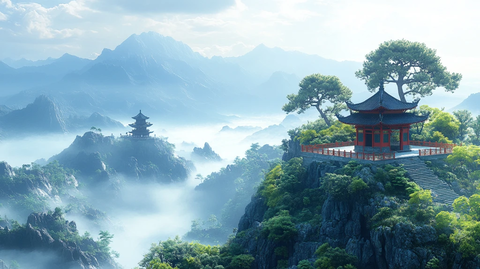 山顶平台古树寺庙