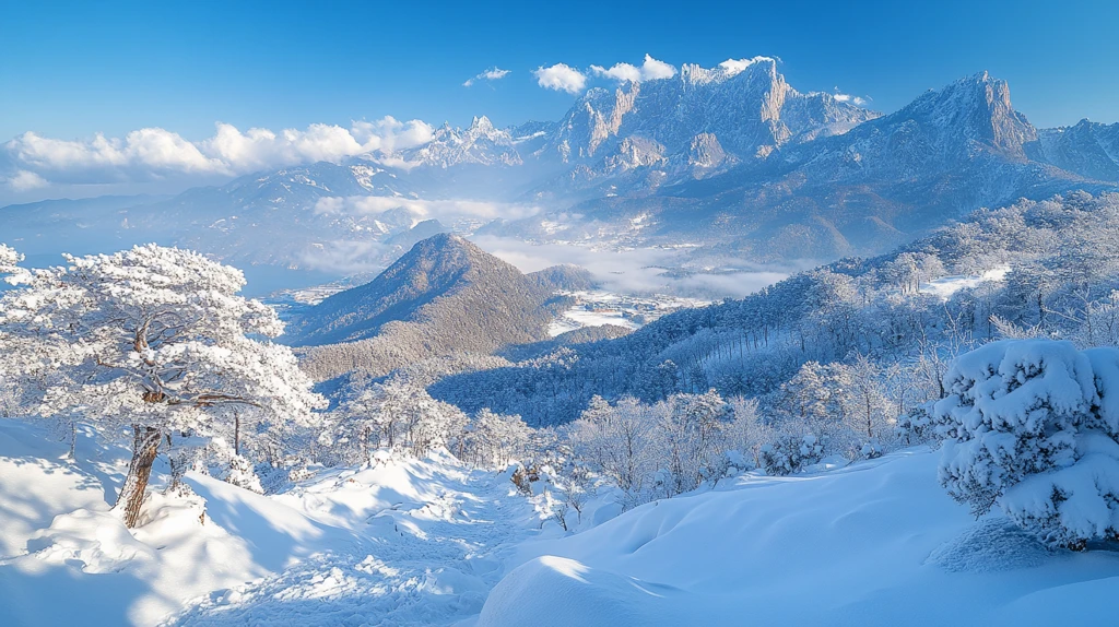 雪中寺庙与山峰