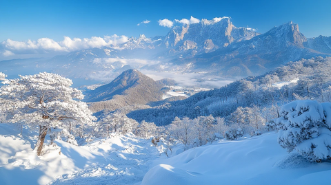 雪中寺庙与山峰