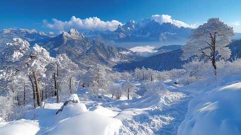 雪中寺庙与山峰