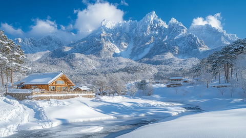 雪中寺庙与山峰