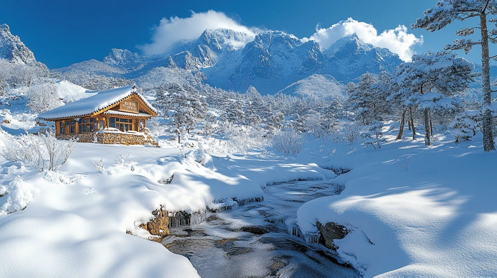 雪中寺庙与山峰