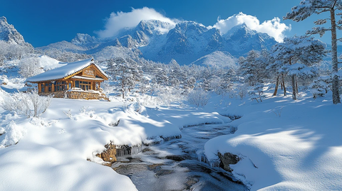 雪中寺庙与山峰