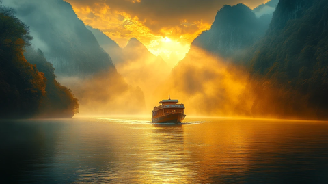 阳光下的三峡小舟