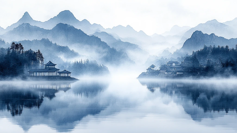 远山湖水古村雾