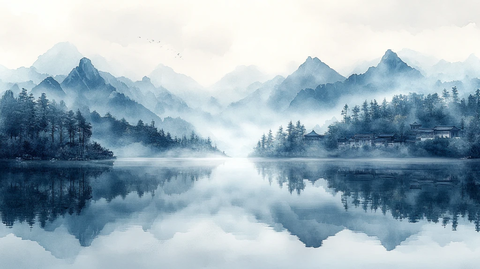 远山湖水古村雾