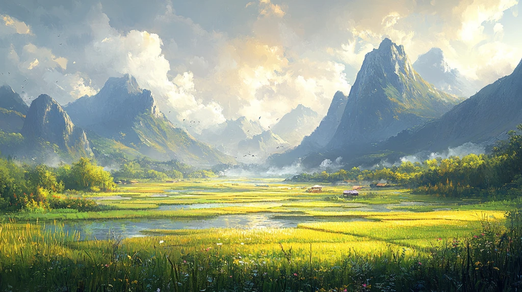 早晨的稻田与山峰