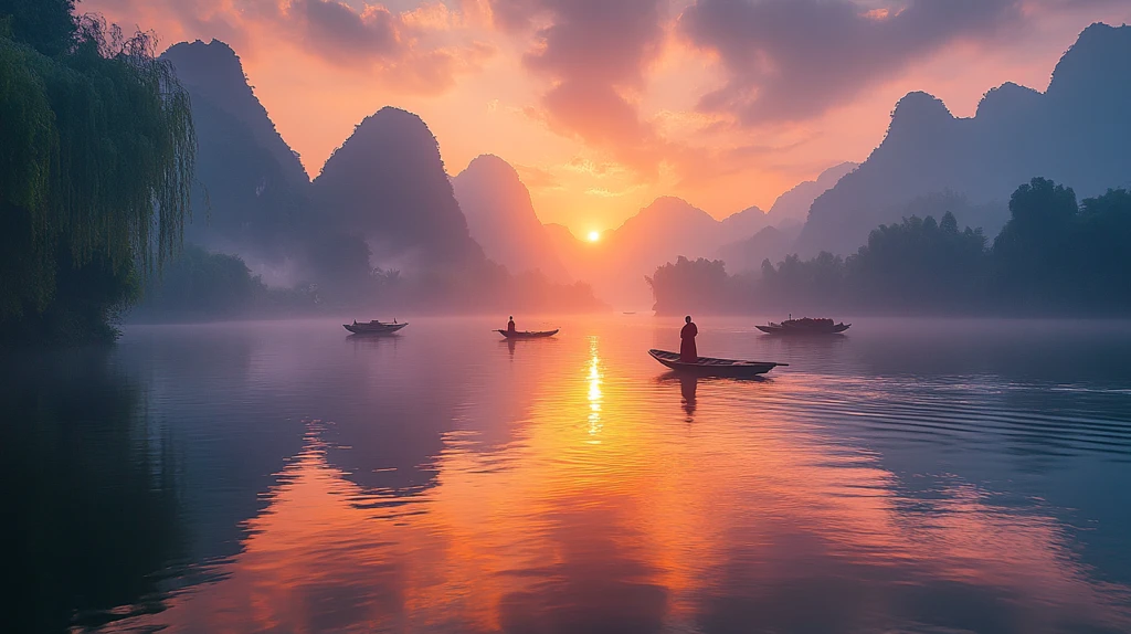 日出河面僧人观山