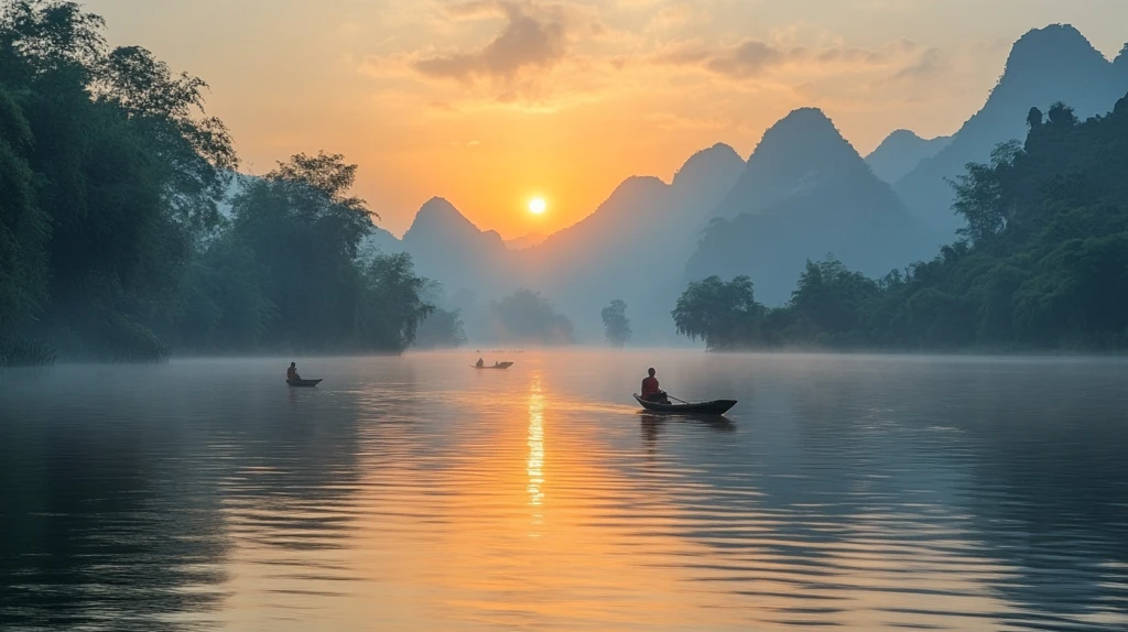 日出河面僧人观山