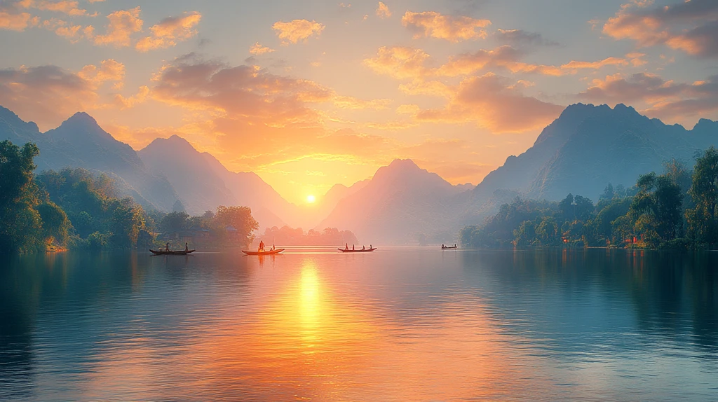 日出河面僧人观山