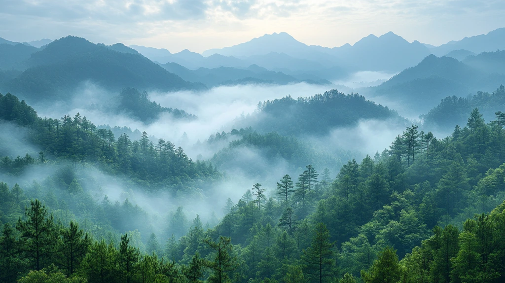 山间晨雾松涛鸟鸣