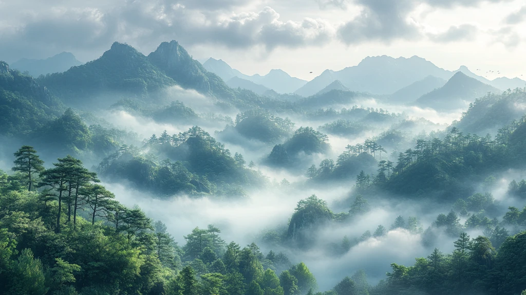 山间晨雾松涛鸟鸣