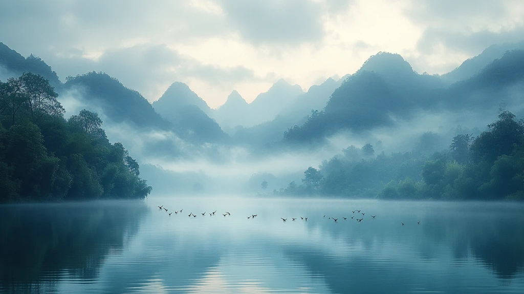 山间晨雾松涛鸟鸣