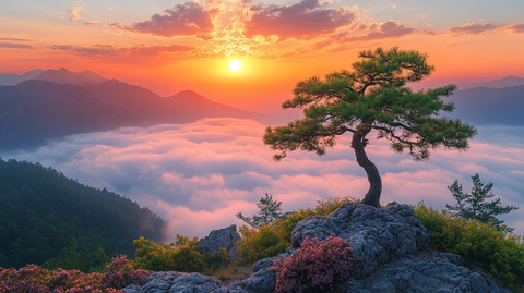 日出东方，松立山巅