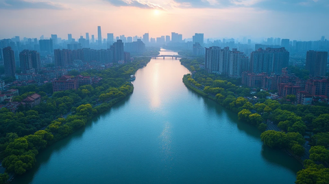 现代化城市中河流与桥梁的壮丽景象