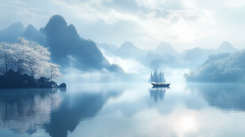 湖边小径旁中式亭子的清幽水景