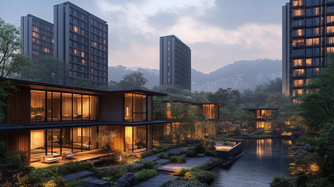 湖边小径旁中式亭子的清幽水景