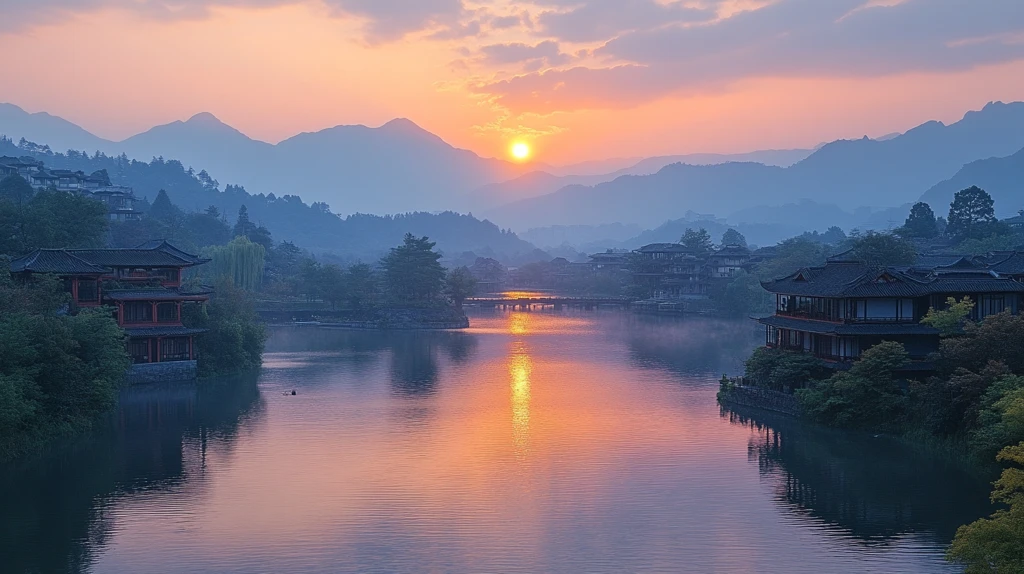 湖边小径旁中式亭子的清幽水景