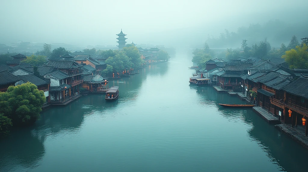 江南水乡晨景俯瞰薄雾笼罩的古镇风光