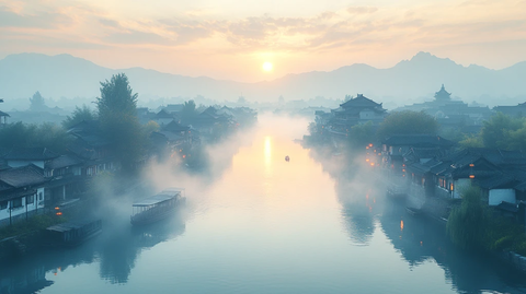 江南水乡晨景俯瞰薄雾笼罩的古镇风光
