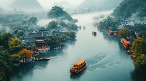 江南水乡晨景俯瞰薄雾笼罩的古镇风光