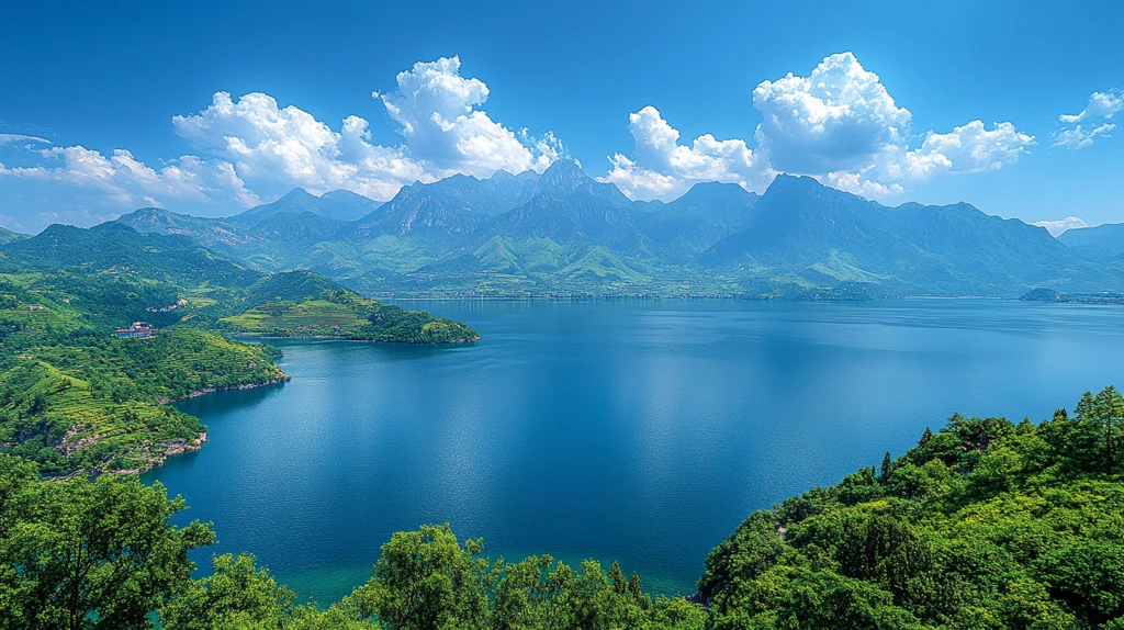 山水之间的亭子与倒影构成的唯美画面