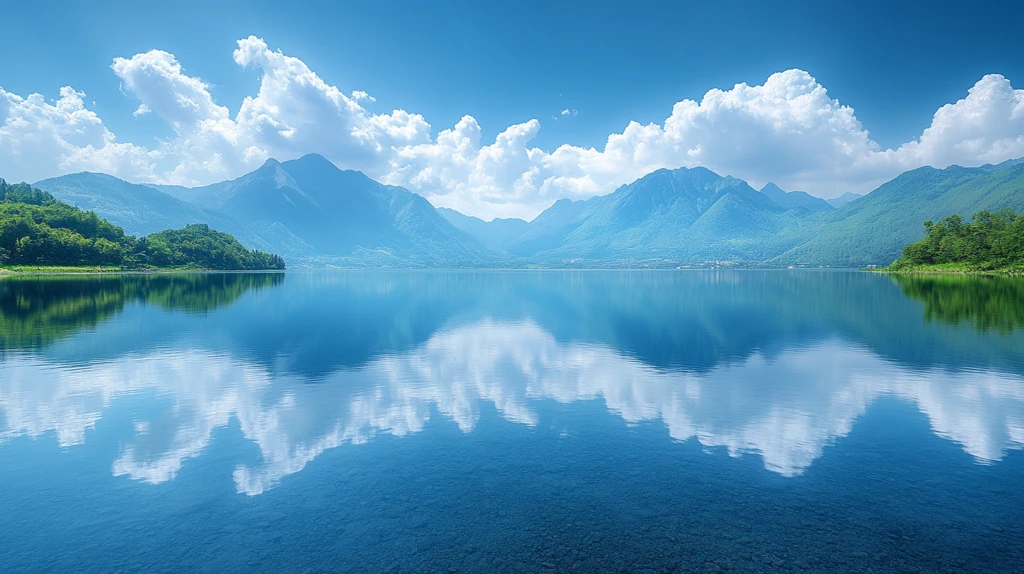 山水之间的亭子与倒影构成的唯美画面