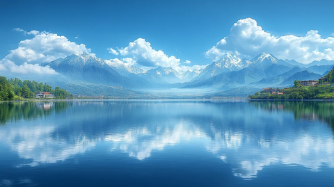 山水之间的亭子与倒影构成的唯美画面