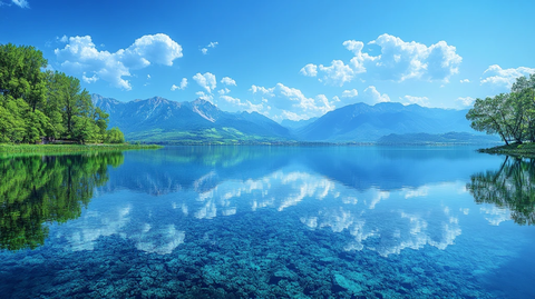 山水之间的亭子与倒影构成的唯美画面