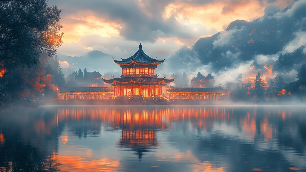 湖中建中式亭子的城市景观