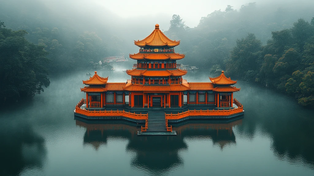 湖中建中式亭子的城市景观