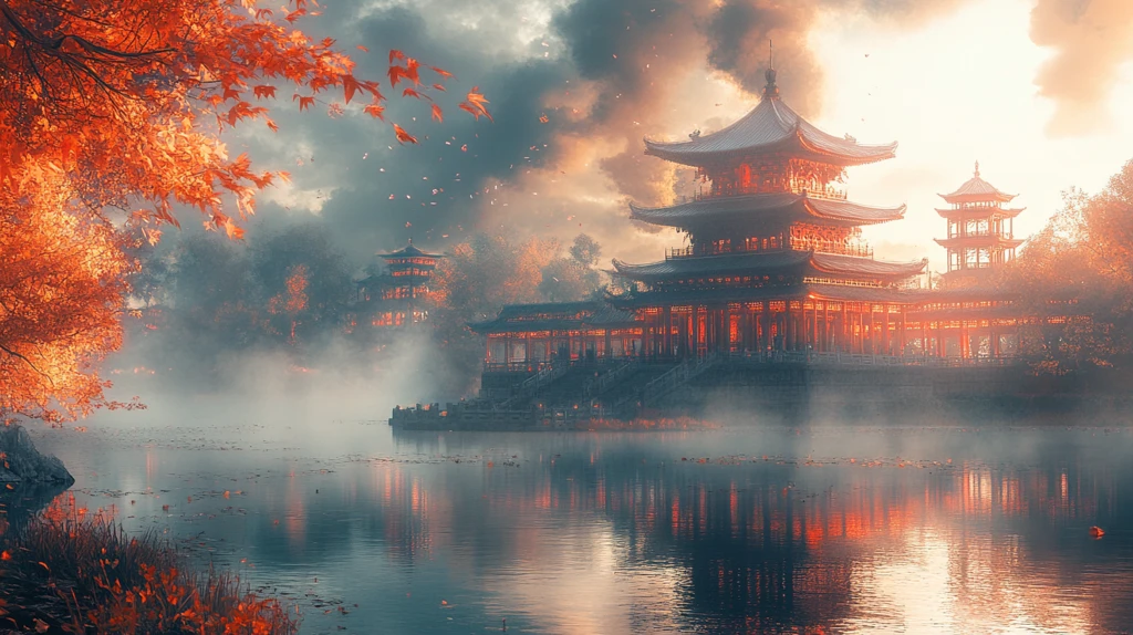 湖中建中式亭子的城市景观