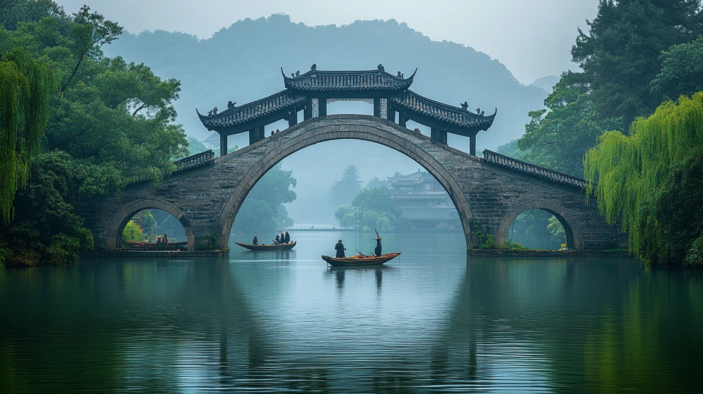 石桥上的人望着水面上的小船