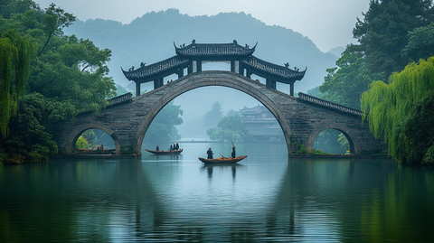 石桥上的人望着水面上的小船